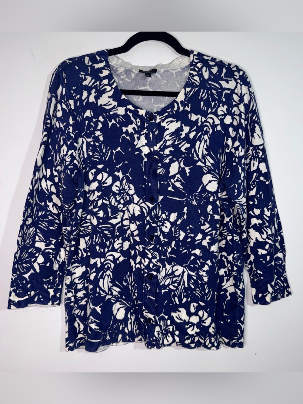 Talbots Pima Cotton Floral Cardigan Sweater XL Blue White Button Front